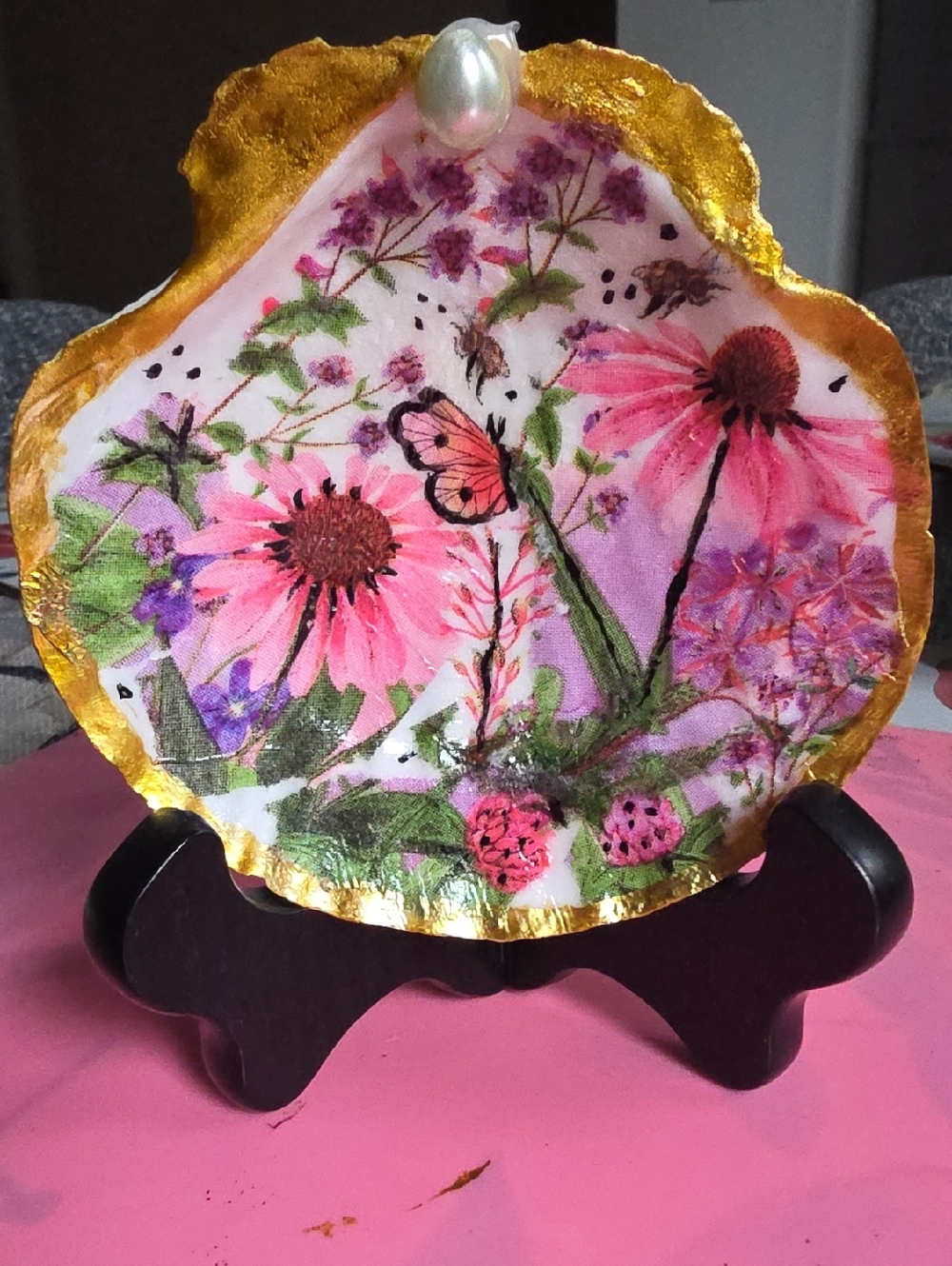 Trinket Decoupage & hand painted Floral Clam Shell Dish with Gold foil